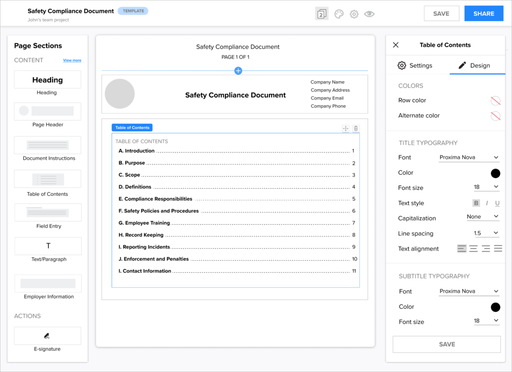 Table of Contents Design